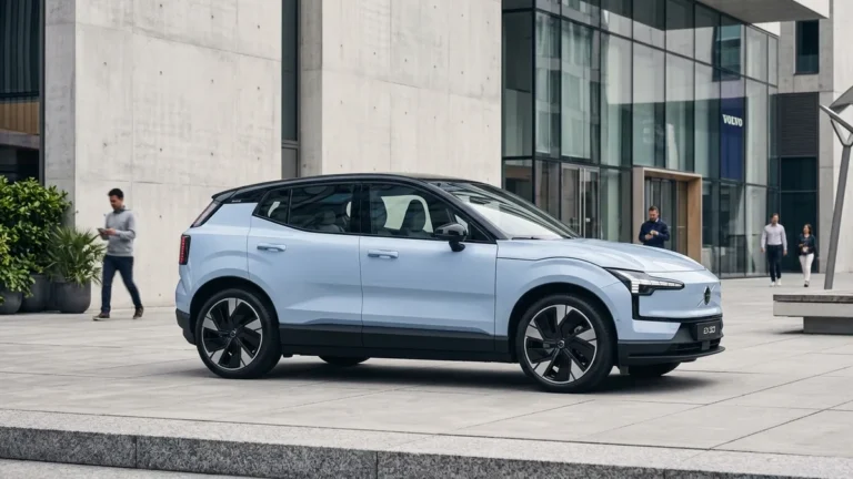 Volvo EX30 electric SUV compact dimensions and exterior styling in modern city plaza