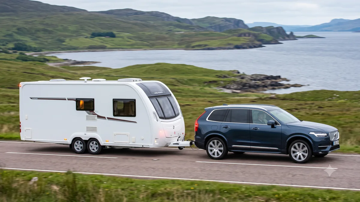 How Much Can a Volvo XC90 Tow? Capacities, Hitch Types & Towing Guide Volvo XC90 luxury SUV towing a tandem-axle travel trailer camper on scenic mountain road