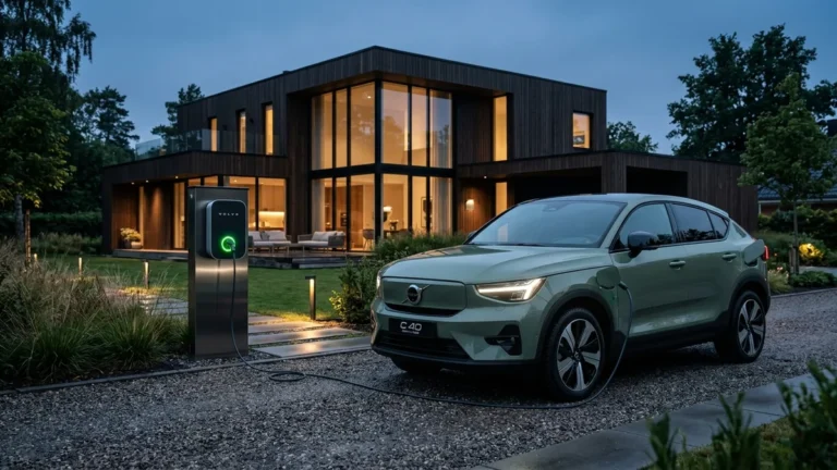 How to Charge a Volvo C40 Recharge: Speeds, Costs & Complete Guide Volvo C40 Recharge plugged into Level 2 home charging station at twilight